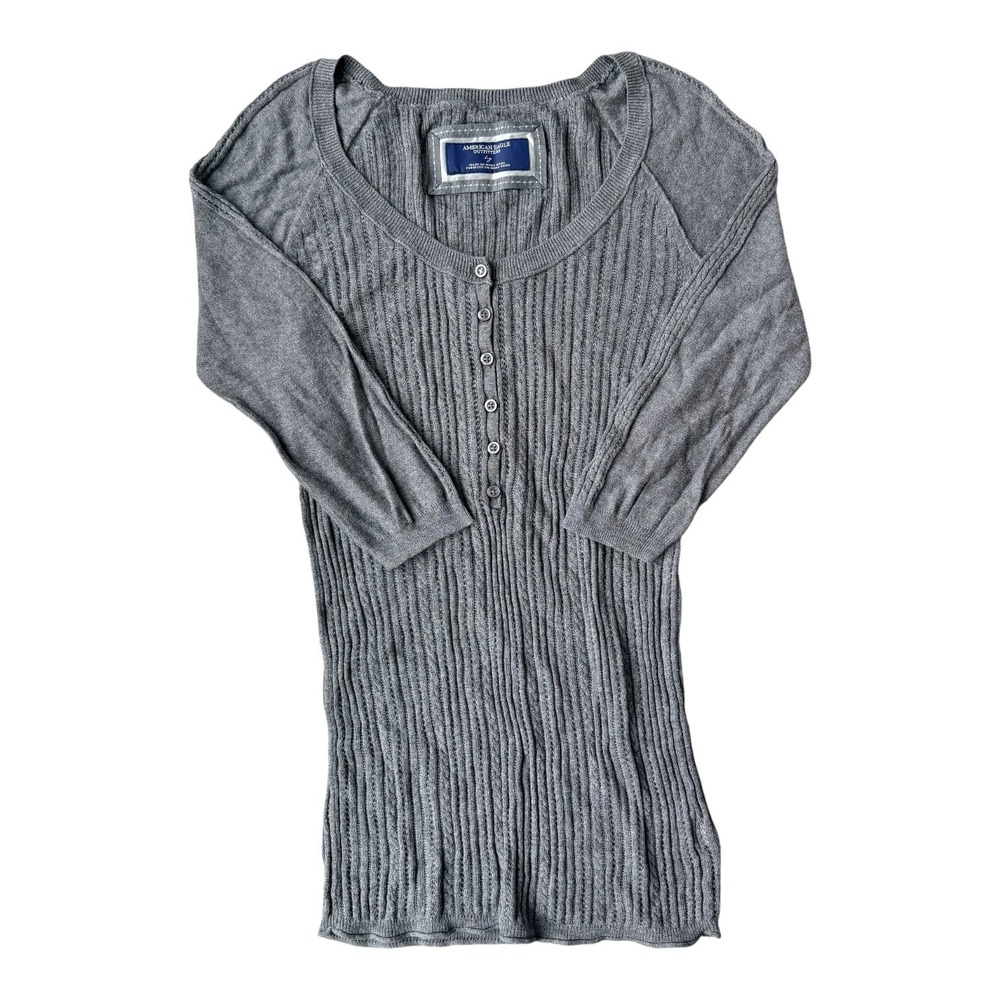 Y2K American Eagle‎ Ribbed Henley Top Charcoal Gray Large fits Medium Stretchy